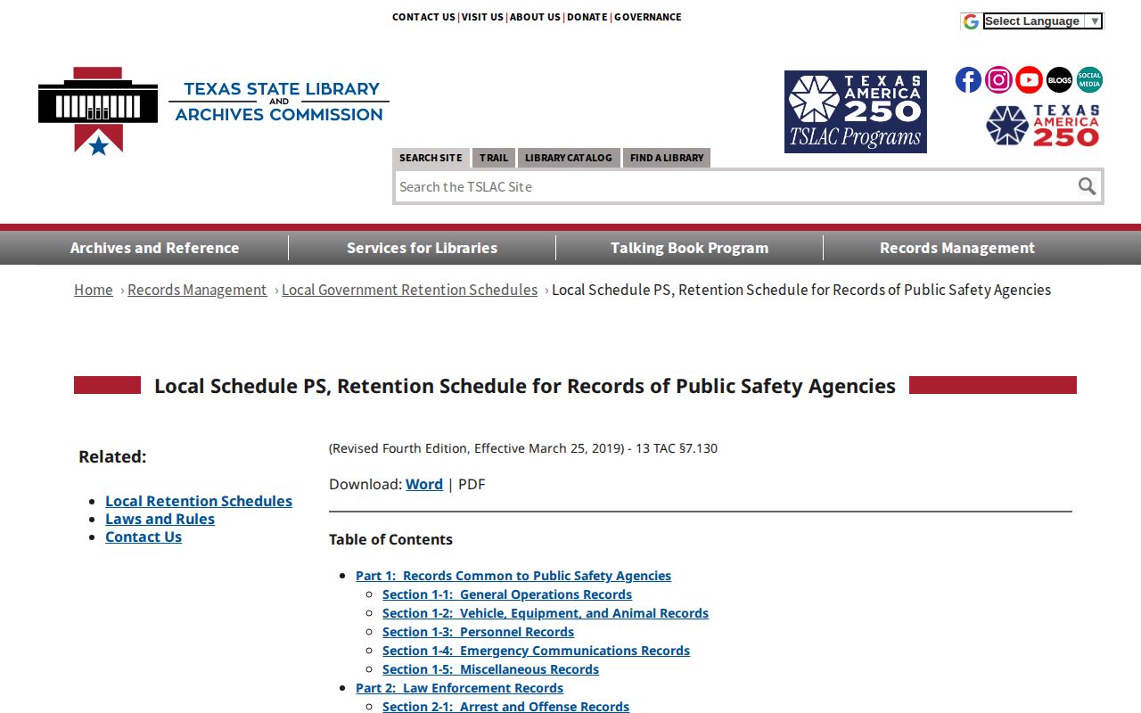 Reeves County booking record retention context from the Texas Local Schedule PS