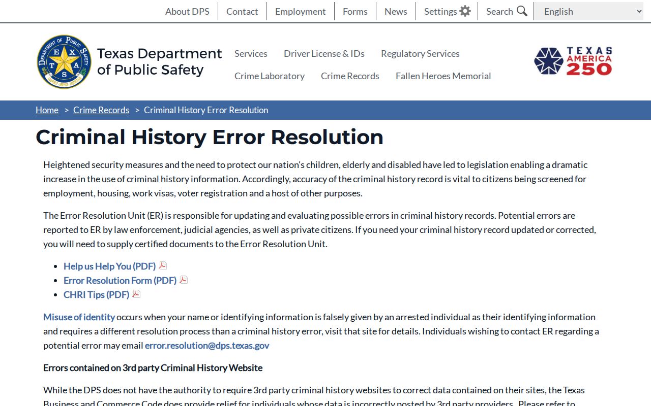 Reeves County wanted-record research view of Texas DPS error-resolution information